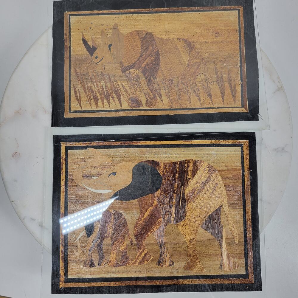 Vintage Banana Leaf Elephant and Rhino Painting Unframed Safari Wall Art